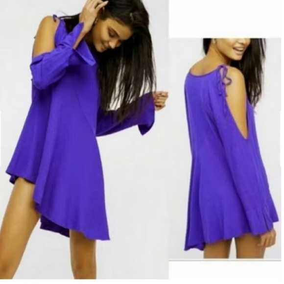 FREE PEOPLE. Size S/P.  Cold-Shoulder Purple Long-Sleeve Tunic Swing Dress. $18 - Picture 9 of 16